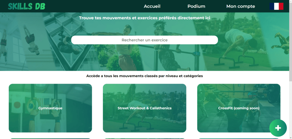 Une image de la page d'acceuil de Skills DB, un site qui permet de trier et classer les exercices de street workout et gymnastique