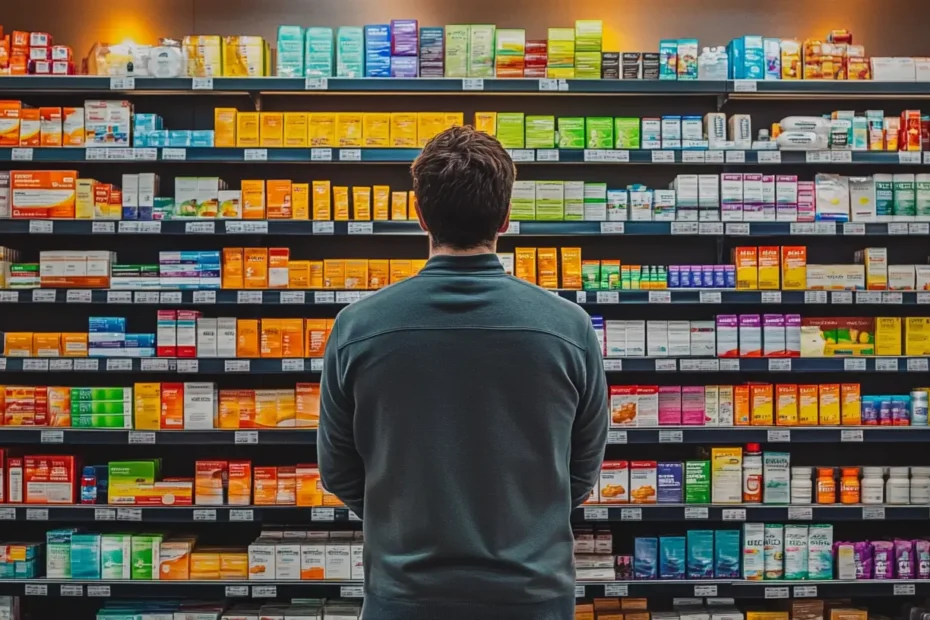 Une homme devant une multitude de choix de complément alimentaire