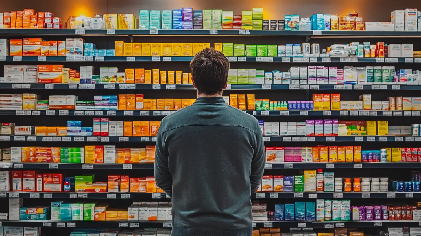 Une homme devant une multitude de choix de complément alimentaire