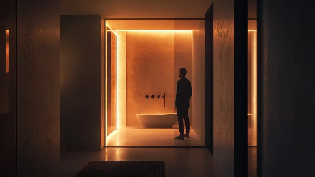 Un homme au milieu de la nuit devant sa salle de bain