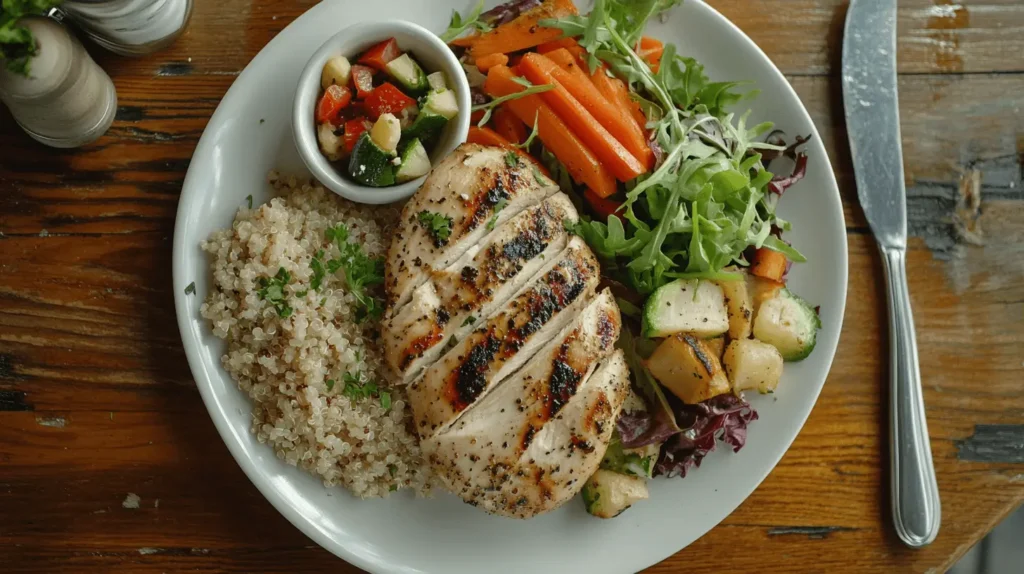 Une assiette contenant poulet, carotte et d'autres aliments sains