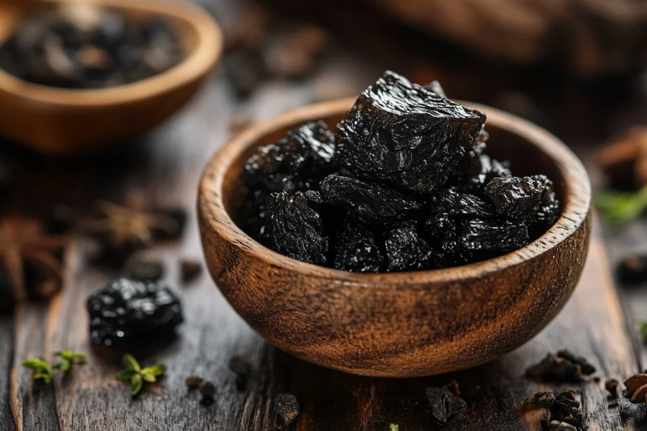 résine de shilajit dans un bol en bois, sur cette photo les bienfaits du shilajit sont clairement visibles