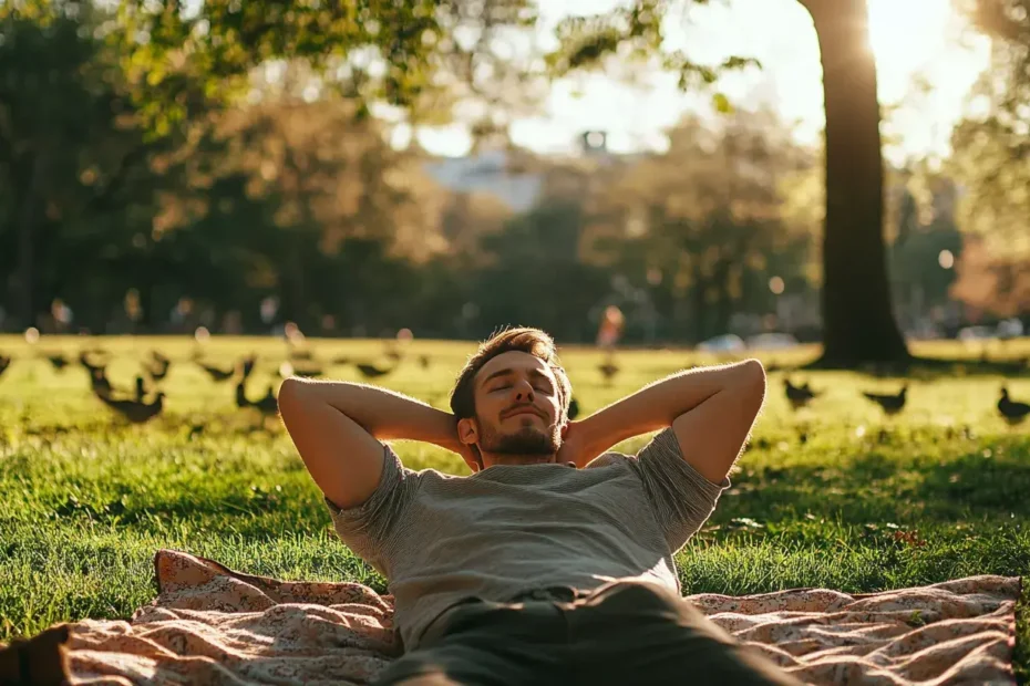 cette photo montre un homme allongé dans l'herbe