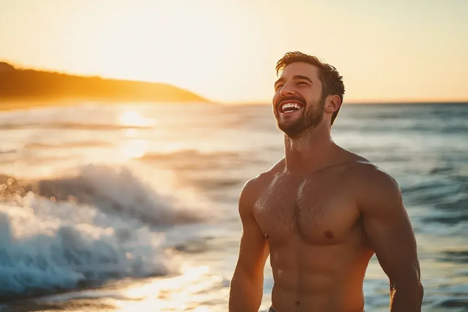 homme musclé sur une belle plage devant l'océan