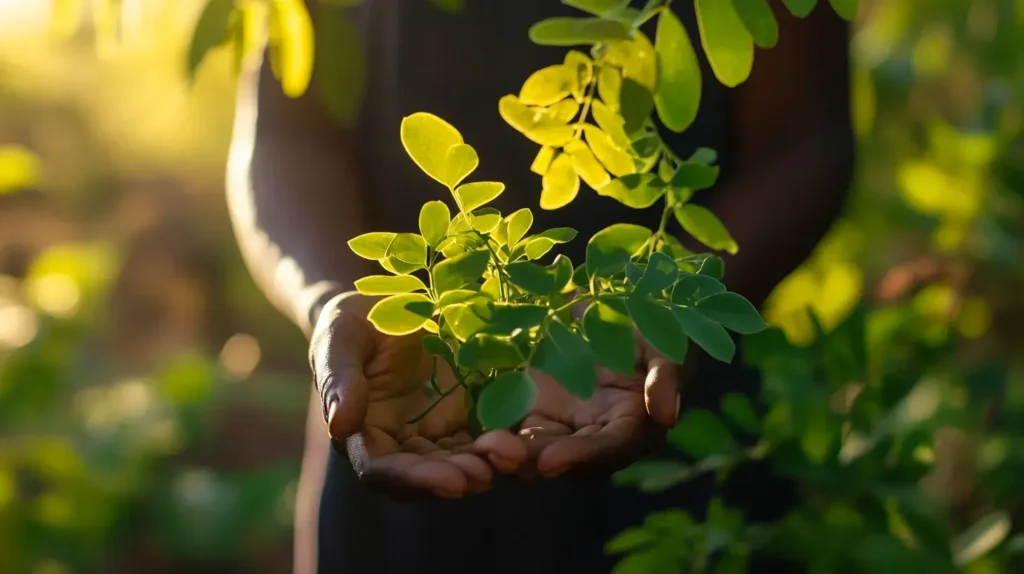 photo d'une personne tenant du moringa au creux de sa main