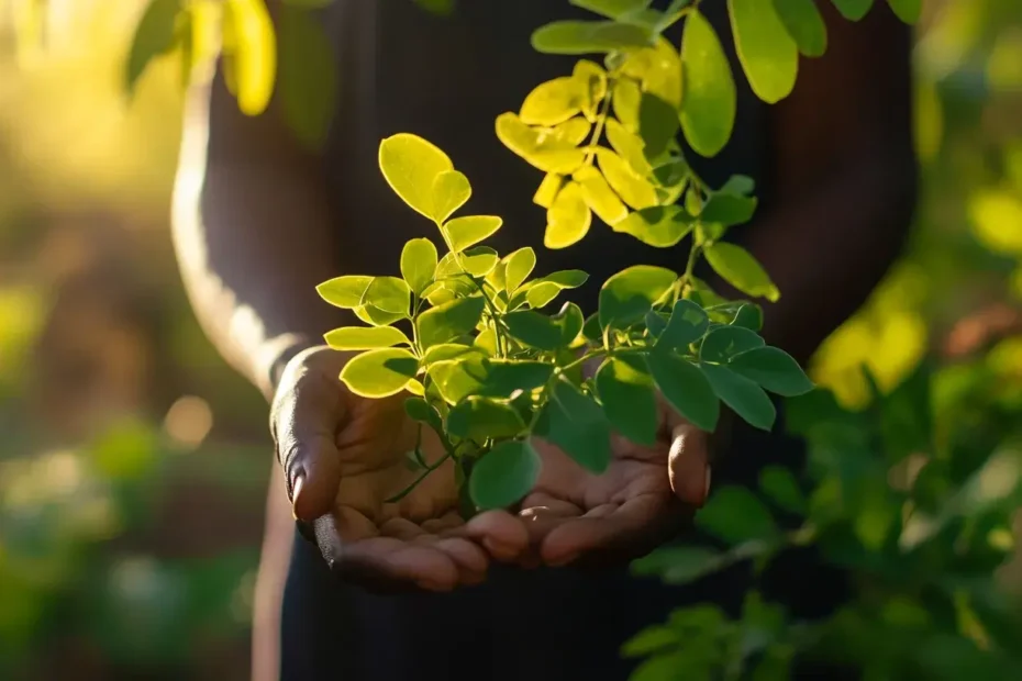 photo d'une personne tenant du moringa au creux de sa main