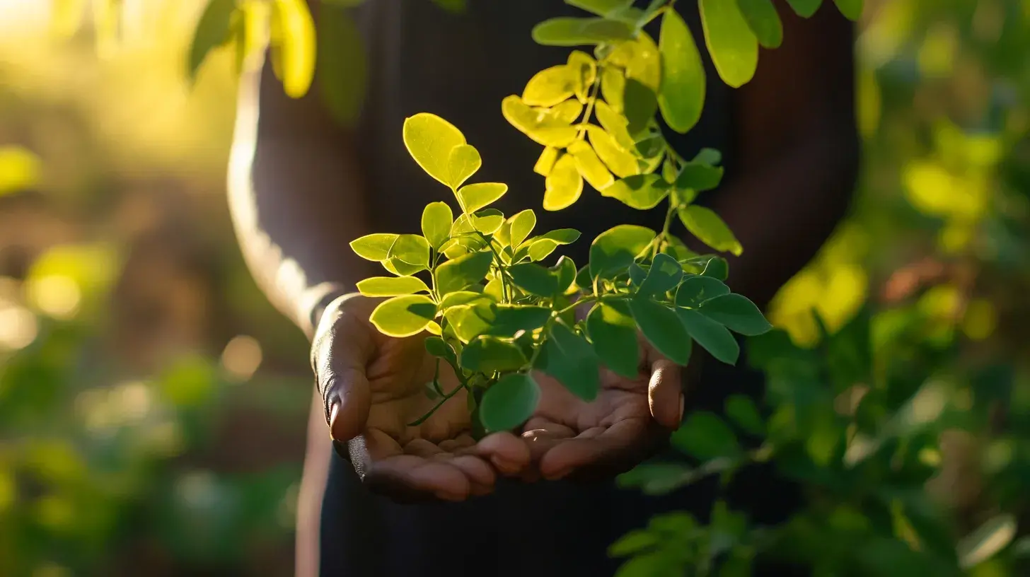 photo d'une personne tenant du moringa au creux de sa main
