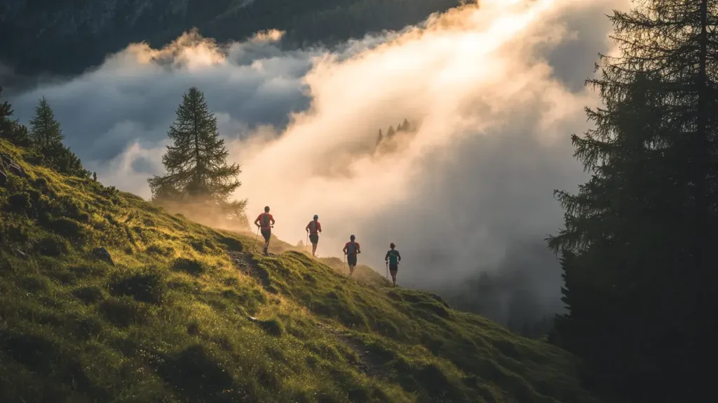 photos de personnes faisant du trail sur un flanc de montagne