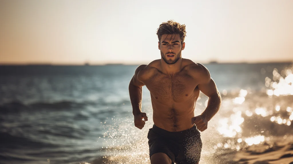 homme musclé qui court sur la plage