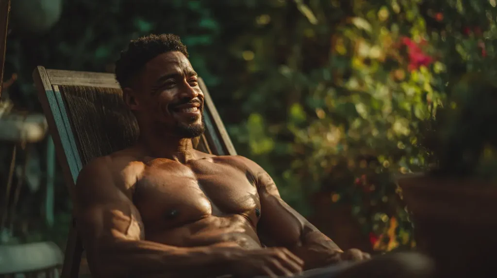 cette image montre un homme musclé assis sur une chaise de jardin