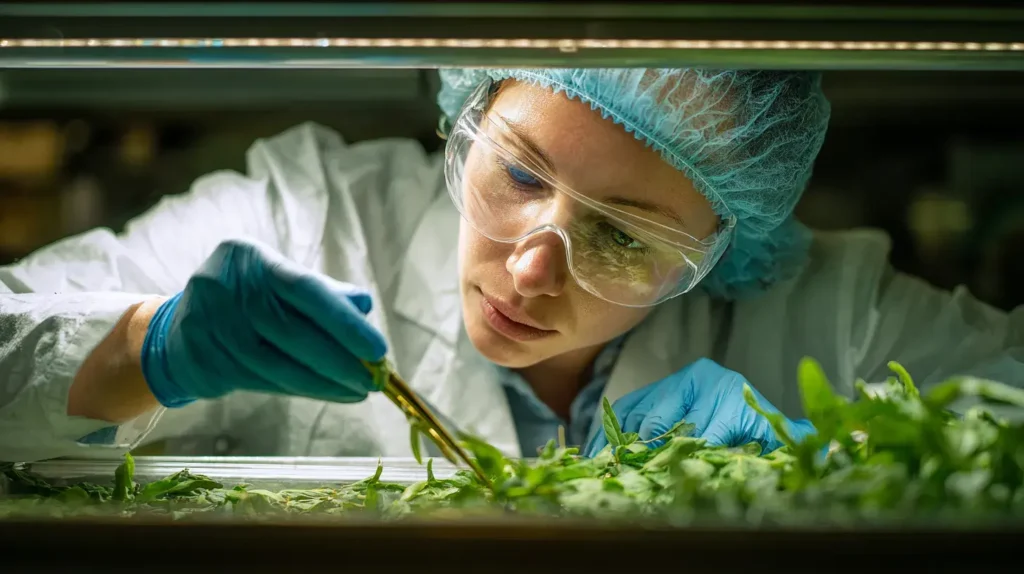 une scientifique observe du desmodium au microscope