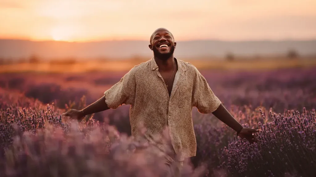 un homme est heureux au milieu d'un champs de fleurs