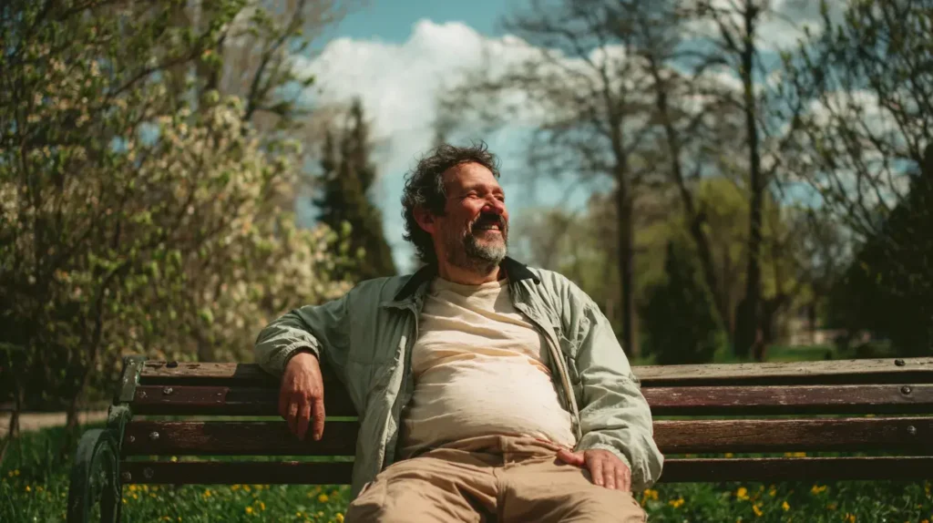 un homme est assis sur un banc dans un parc