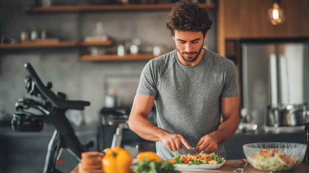 un homme prépare une salade saine 