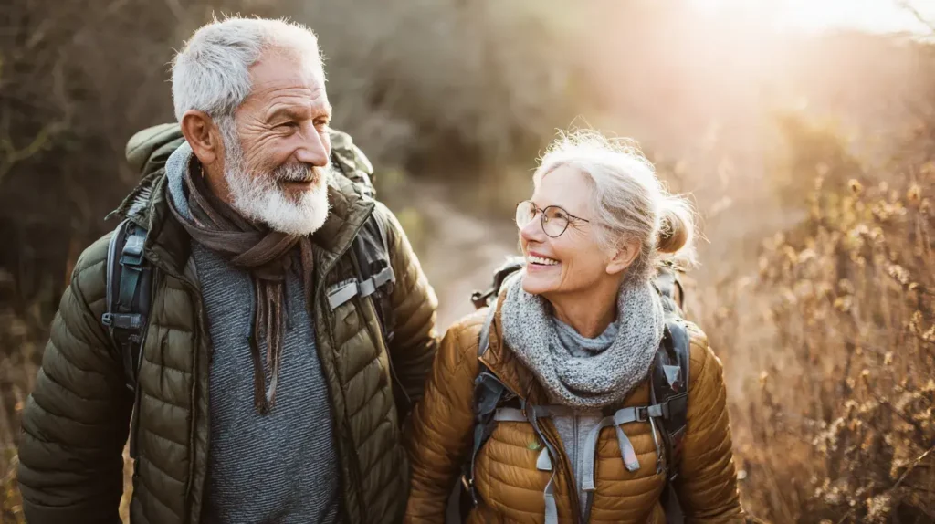 un couple marche en forêt