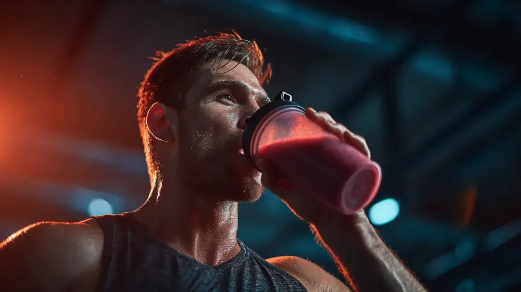 Sportif transpirant buvant une boisson à la poudre de betterave dans une gourde shaker pendant un entraînement en salle de fitness