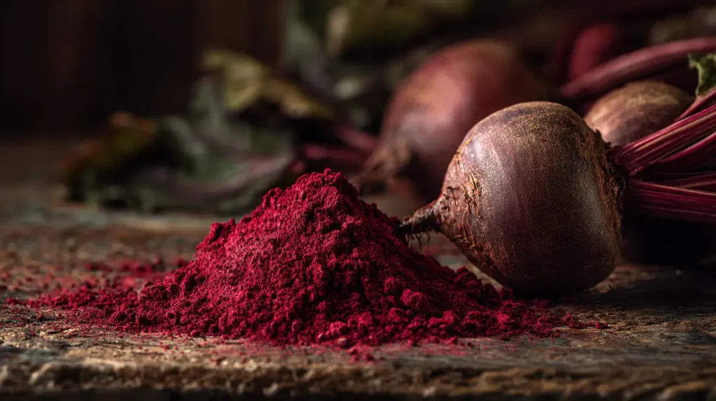 Tas de poudre de betterave rouge vif placé à côté d’une betterave entière avec feuilles sur une table en bois