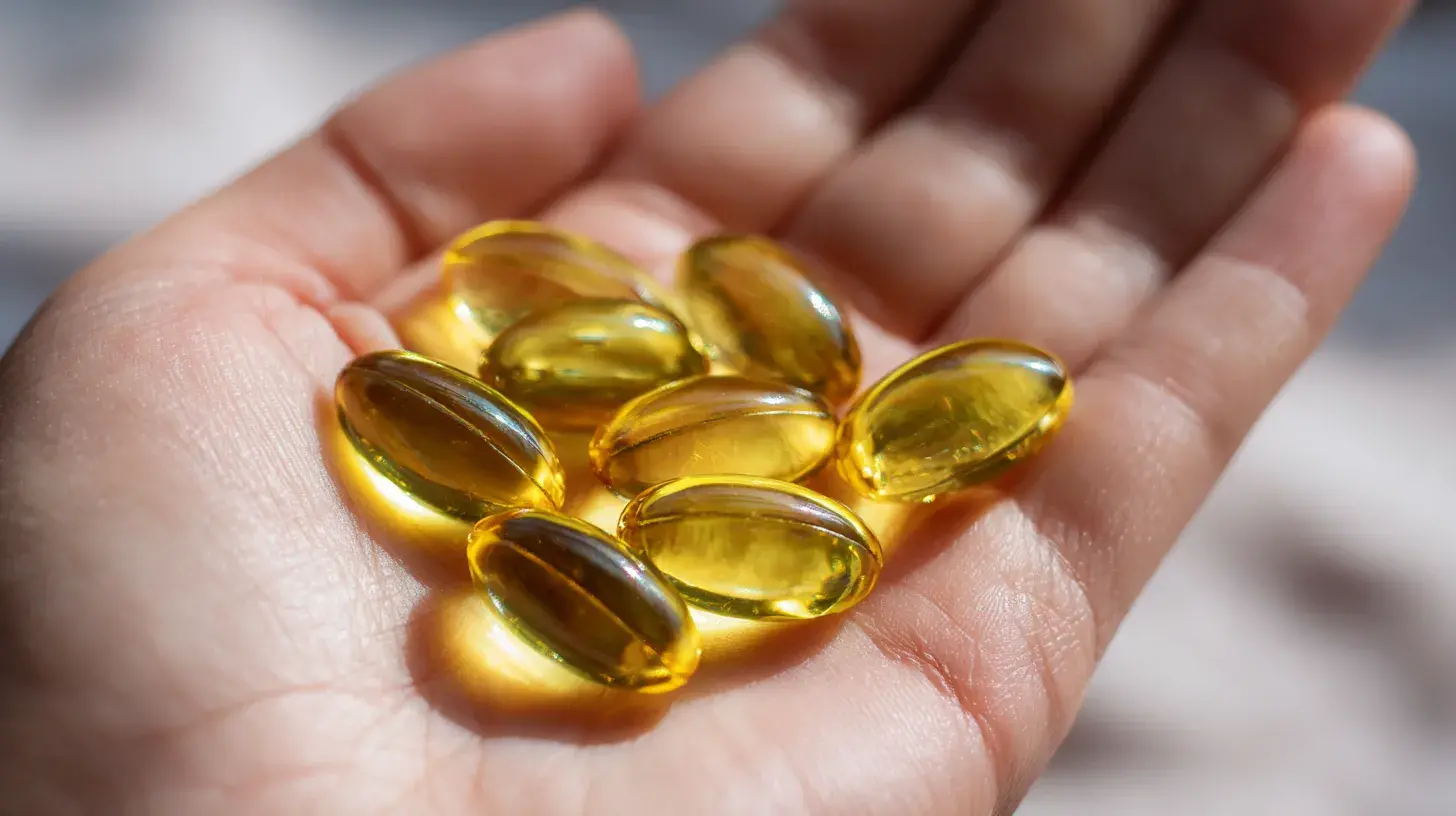 Main ouverte tenant plusieurs capsules jaunes d’huile de nigelle, en lumière naturelle douce avec arrière-plan flou