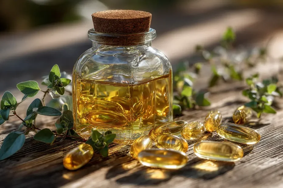 Flacon d’huile d’origan dorée accompagné de gélules transparentes posé sur une surface en bois avec feuilles d’origan fraîches en arrière-plan