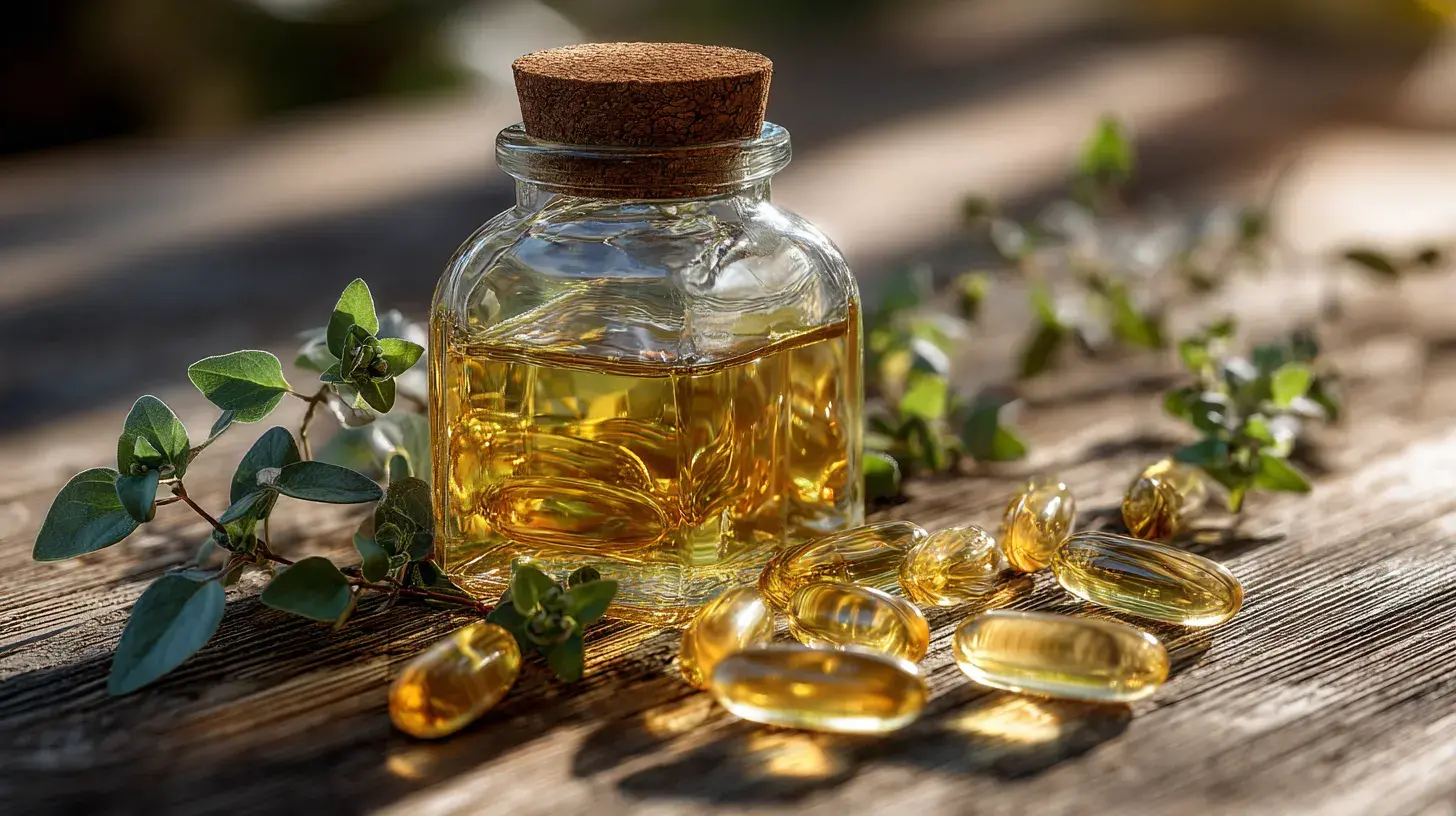 Flacon d’huile d’origan dorée accompagné de gélules transparentes posé sur une surface en bois avec feuilles d’origan fraîches en arrière-plan