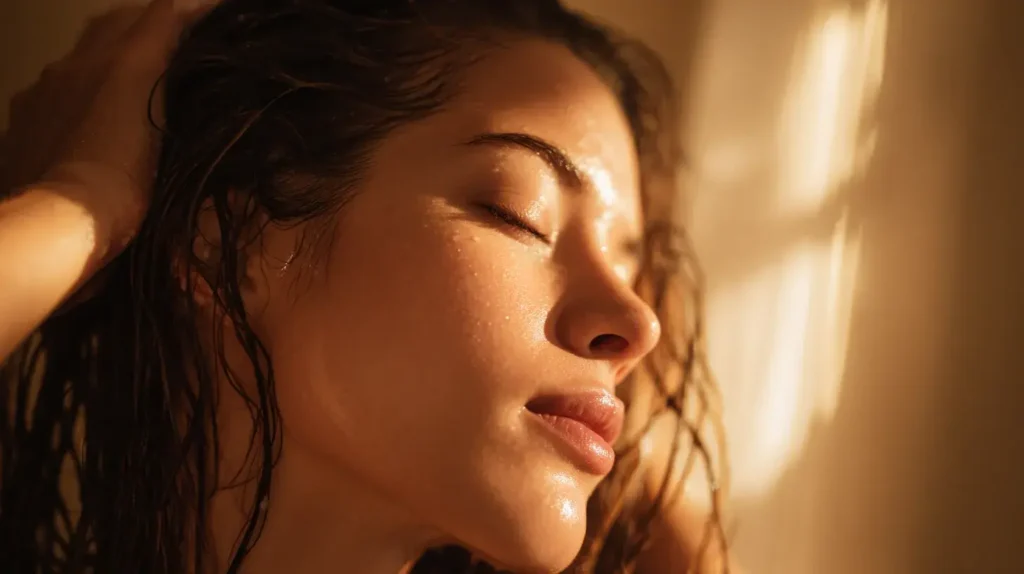 Portrait rapproché d’une femme aux cheveux longs, lisses et brillants appliquant une huile capillaire dans une salle de bain lumineuse