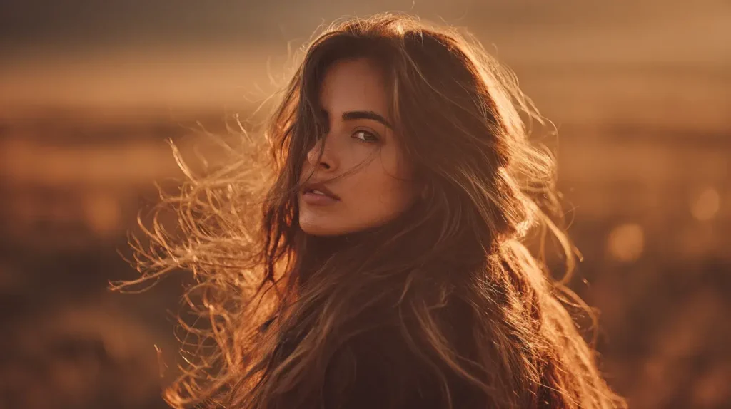 Portrait d’une femme avec des cheveux très longs et fluides se tenant dans un champ au coucher du soleil avec une lumière dorée
