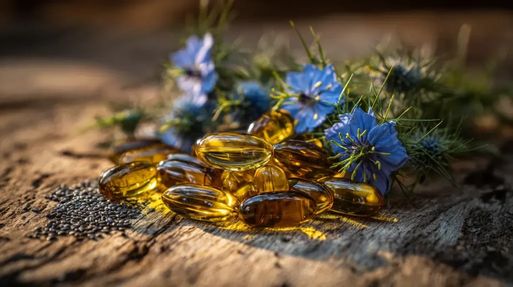 Capsules jaunes d’huile de nigelle posées sur une surface en bois avec fleurs bleues et plante Nigella sativa en arrière-plan