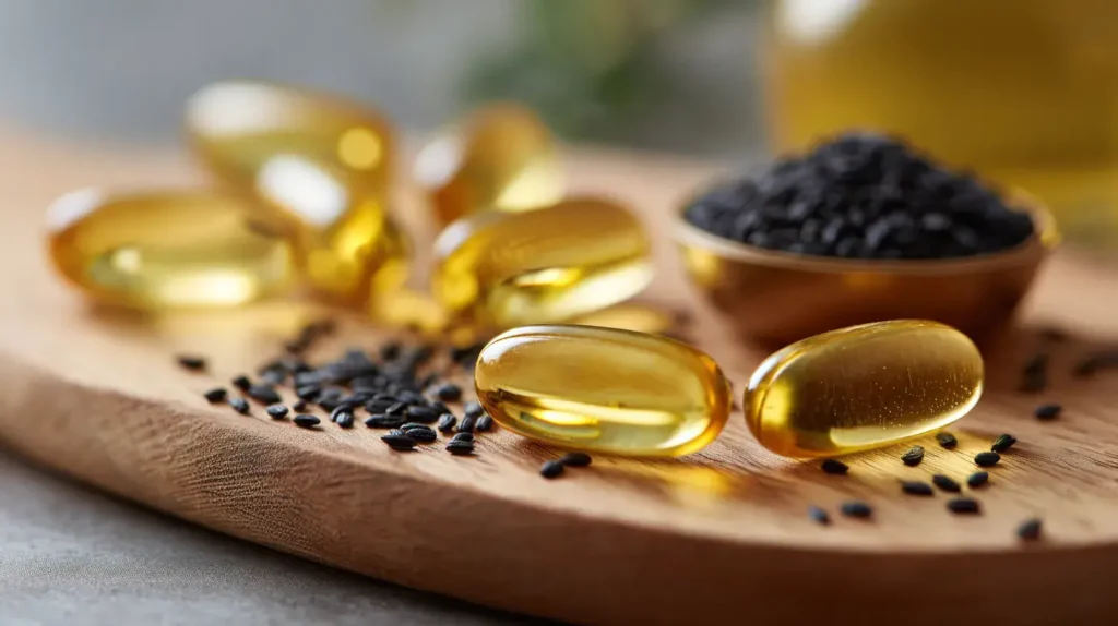 Gélules dorées d’huile de nigelle posées sur une surface en bois avec des graines de cumin noir en arrière-plan
