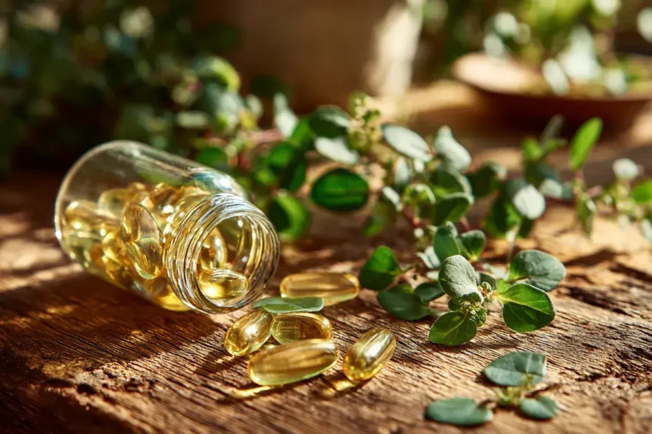 Flacon en verre transparent contenant des gélules d’huile d’origan dorées, posé sur une surface en bois rustique avec des feuilles d’origan fraîches autour, éclairage naturel chaleureux