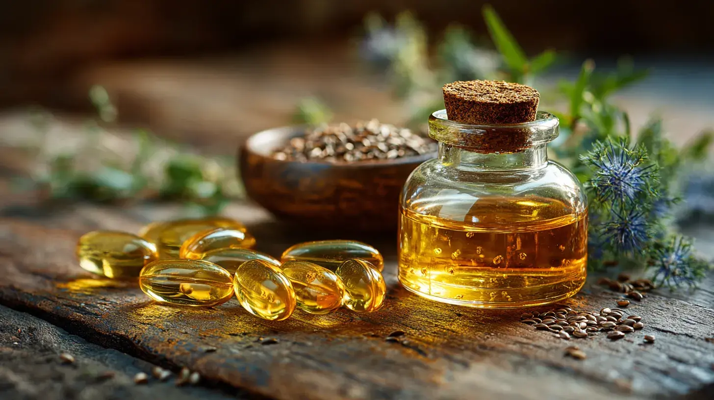 Capsules d’huile de nigelle avec flacon en verre rempli d’huile dorée, disposés sur table en bois avec graines et feuilles naturelles