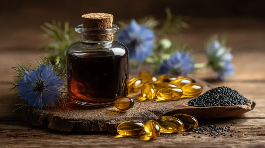 Flacon en verre d’huile de nigelle liquide avec pipette, accompagné de gélules jaunes et de graines de nigelle sur une surface en bois