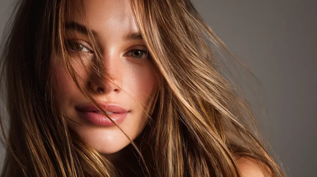 Portrait d’une personne aux cheveux longs, brillants et soyeux, évoquant les bienfaits capillaires de l’huile de nigelle