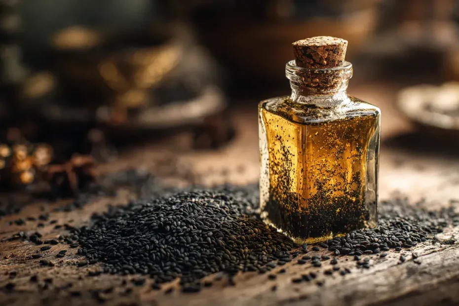 Flacon en verre contenant de l’huile de nigelle dorée entouré de graines de nigelle noires sur une surface en bois rustique