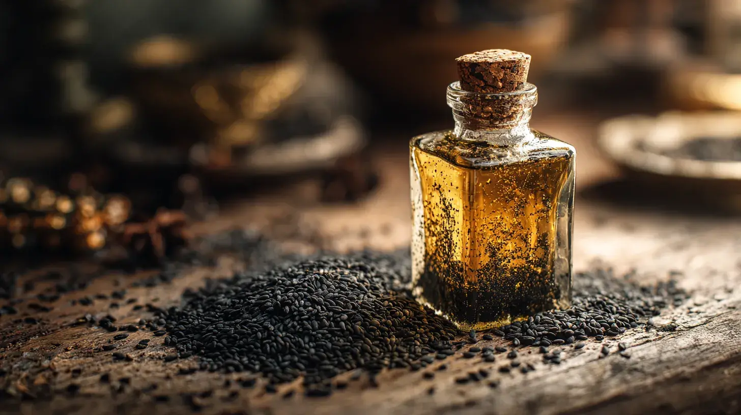 Flacon en verre contenant de l’huile de nigelle dorée entouré de graines de nigelle noires sur une surface en bois rustique