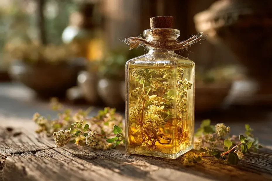 Flacon en verre contenant de l’huile d’origan naturelle dorée posé sur une table en bois avec lumière naturelle