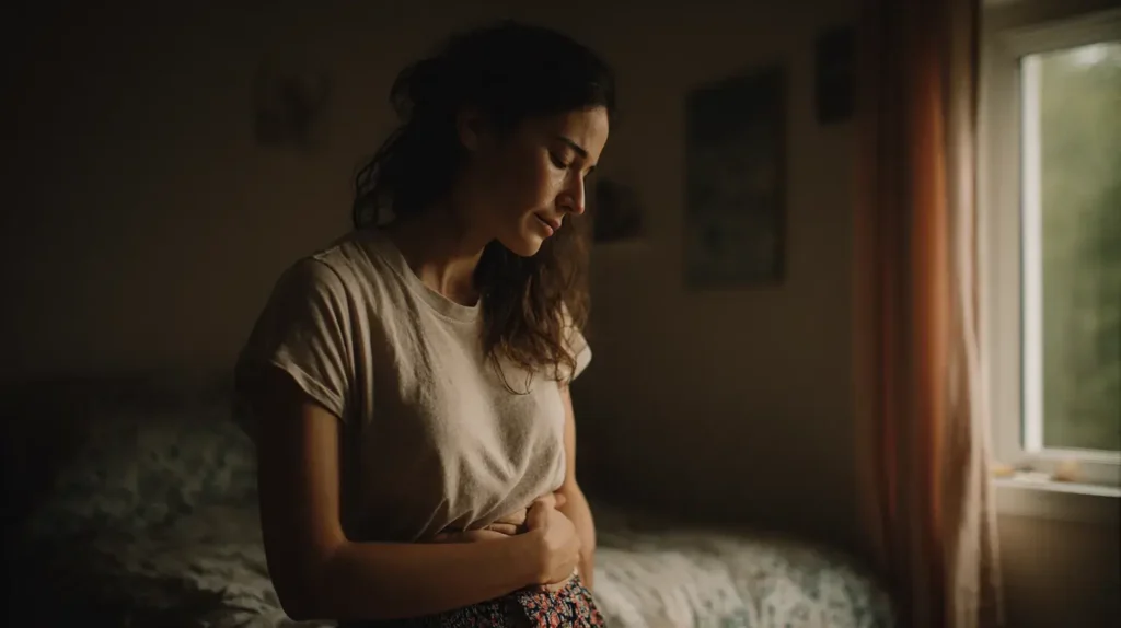 Personne tenant son ventre illustrant les bienfaits potentiels de l’huile d’origan pour le système digestif