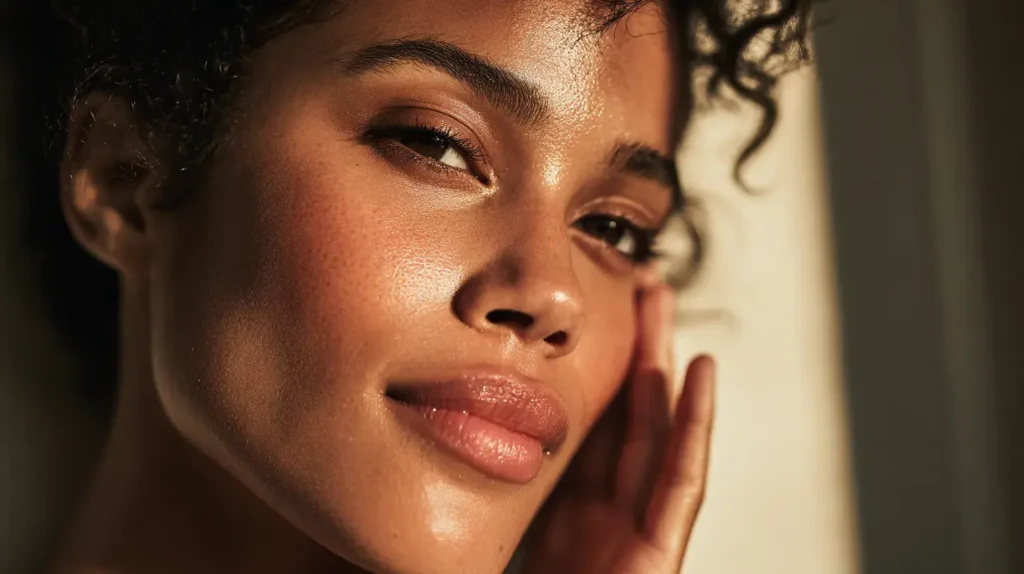 Personne à la peau lisse et lumineuse appliquant de l’huile de nigelle dans une salle de bain élégante éclairée par une lumière naturelle douce