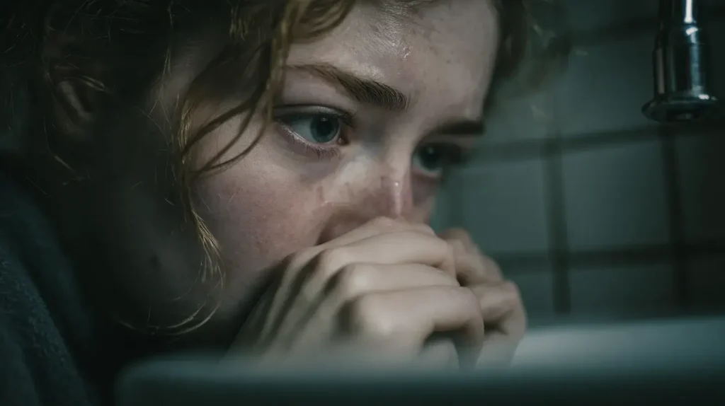 Personne pâle ressentant des nausées, penchée au-dessus d’un lavabo dans une salle de bain éclairée par une lumière naturelle froide