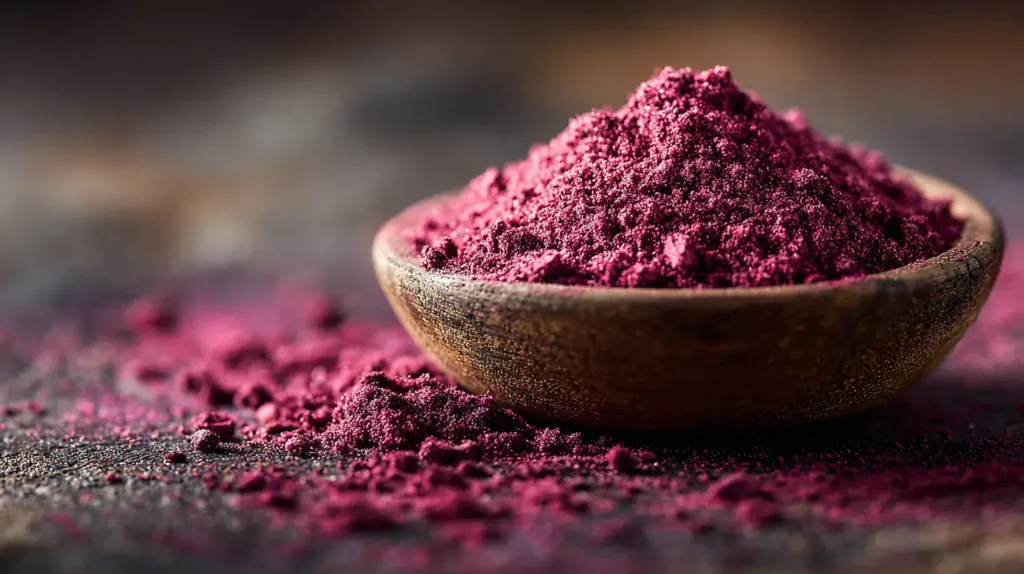 Poudre de betterave finement moulue dans un bol en bois sur surface sombre avec texture détaillée et couleur magenta intense