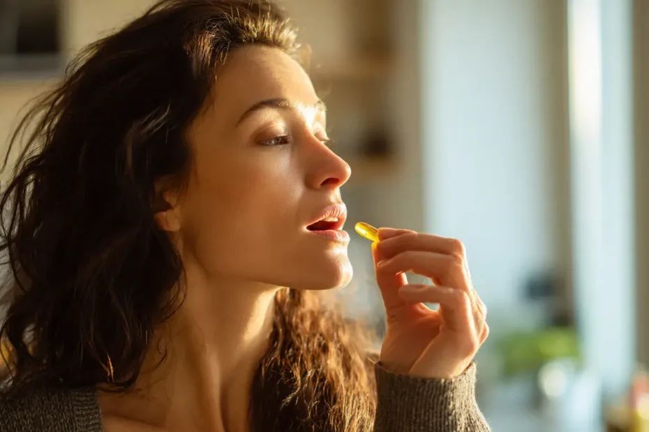 Femme avalant une gélule d’huile de nigelle dans une cuisine lumineuse, routine quotidienne de complément alimentaire pour la peau