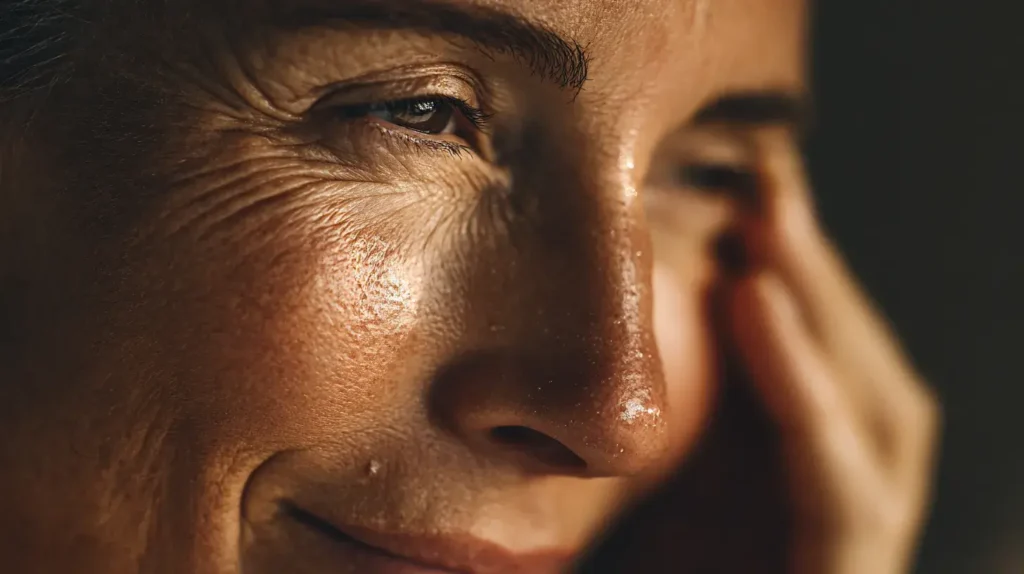 Personne mature avec rides visibles appliquant de l’huile de nigelle sur son visage dans une ambiance douce et chaleureuse