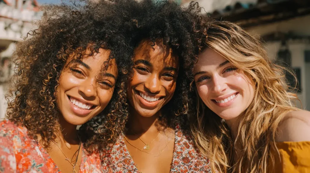 Groupe de trois femmes heureuses — noire, métisse et blanche — avec de beaux cheveux naturels posant ensemble en extérieur