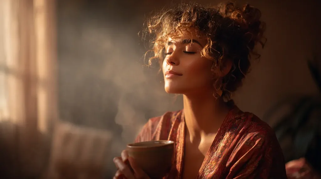 Personne détendue buvant du thé de chaga et ressentant les bienfaits du chaga pour le bien-être