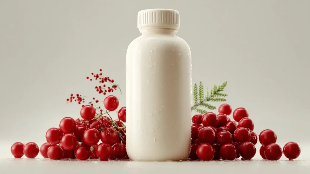 Bouteille blanche neutre de boisson salsepareille posée sur fond blanc avec fruit de salsepareille et feuille verte à côté