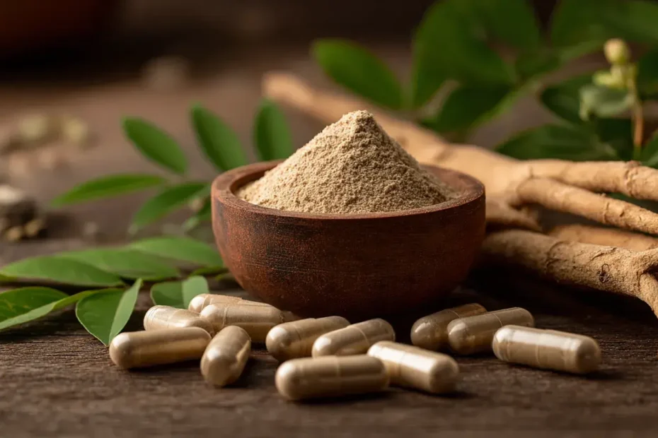 Capsules marron clair de shatavari placées à côté de poudre de shatavari et de racines séchées sur une table en bois