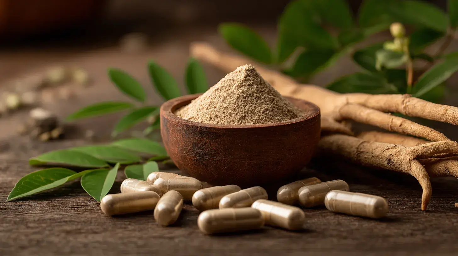 Capsules marron clair de shatavari placées à côté de poudre de shatavari et de racines séchées sur une table en bois