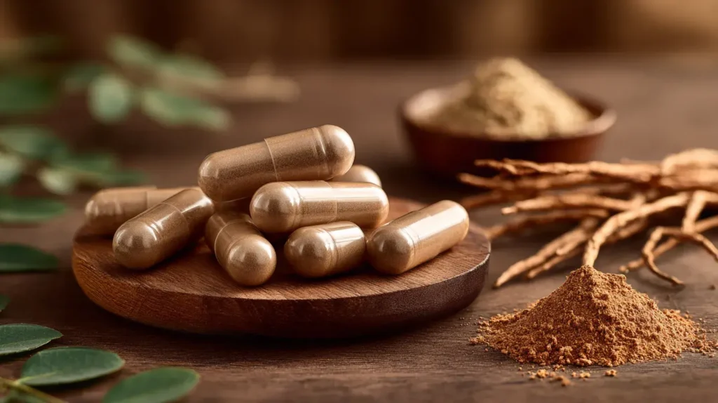 Capsules de shatavari marron avec racine de shatavari illustrant les bienfaits de ce complément naturel