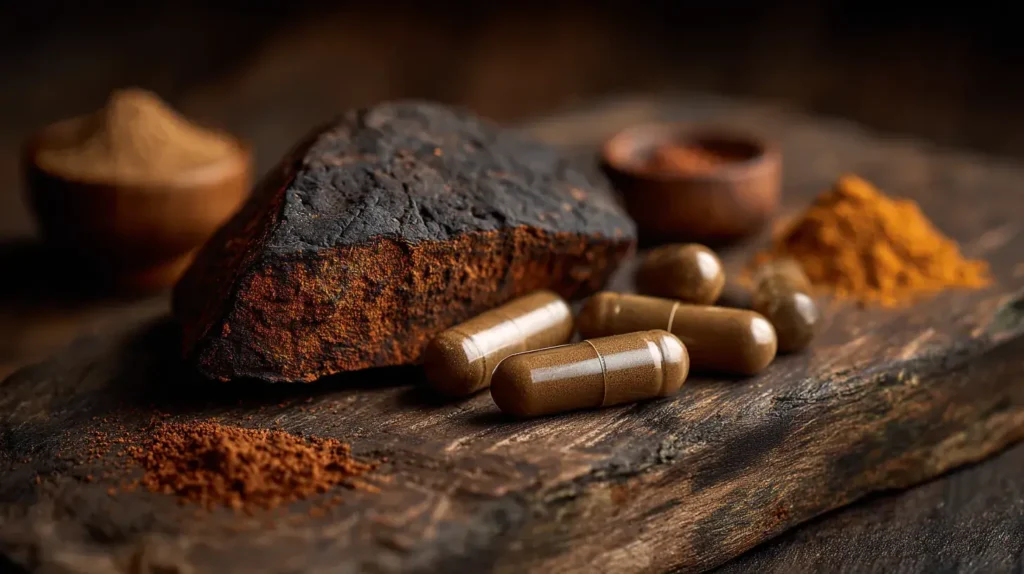Morceau de chaga avec gélules et poudre de chaga sur une surface en bois