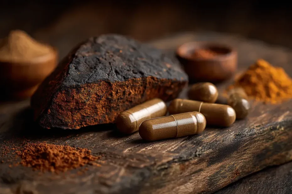 Morceau de chaga avec gélules et poudre de chaga sur une surface en bois