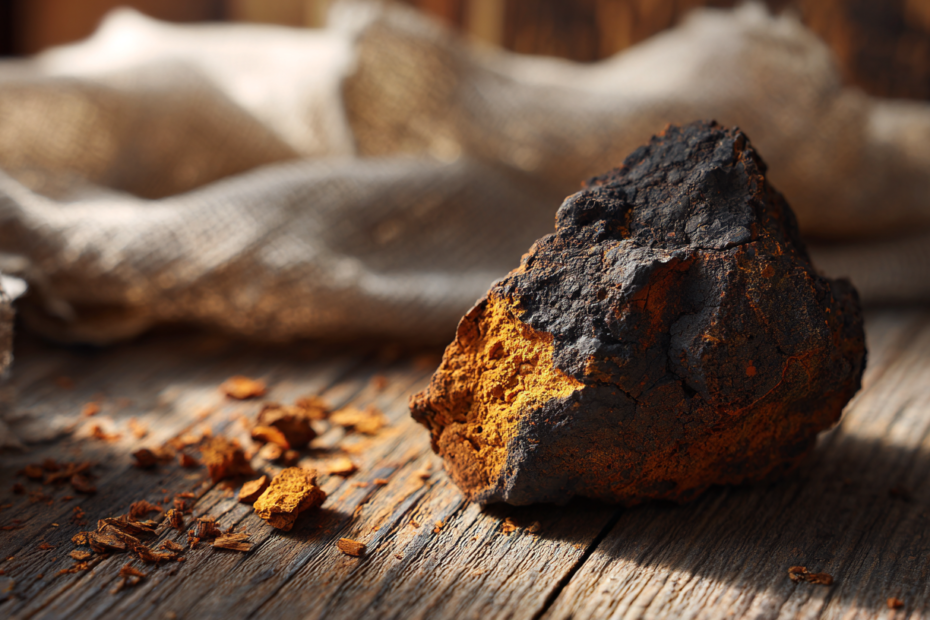 Champignon chaga naturel posé sur une table en bois avec texture sombre et fissures orangées visibles